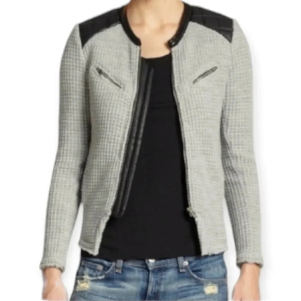 IRO Ceylona Grey Wool Zip Front Blazer with Lamb Leather Shoulders 42 or 10 US